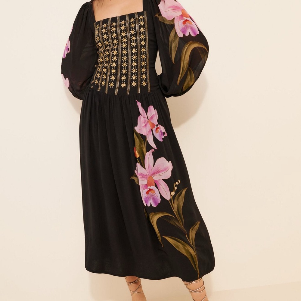 FARM Rio Black Dress with Pink Floral and Gold Details